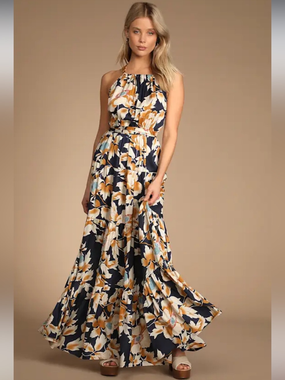 Lulus Navy Blue Heat Wave Babe Floral Print Tie-Back Tiered Maxi Dress NWOT XL